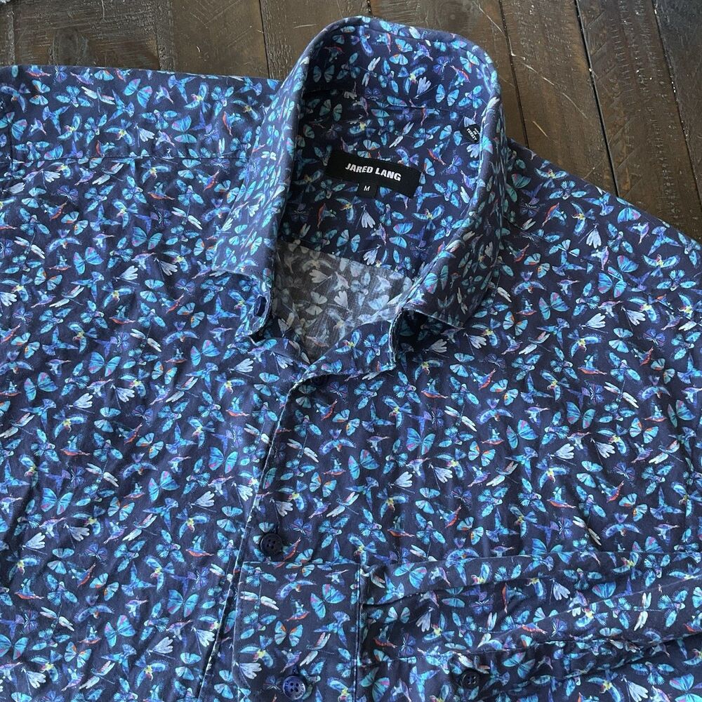 Jared Lang Shirt Men Medium Blue Bird Butterfly All Over Print Rockabilly Cotton